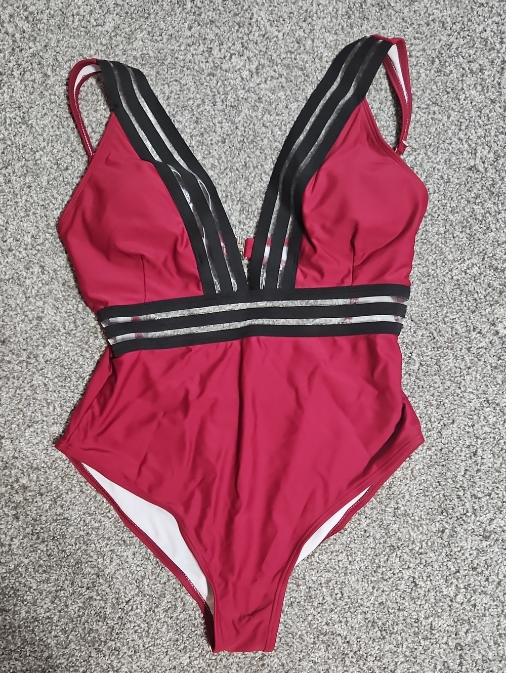 SHEIN Red One-Piece Swimsuit with Black and Silver Trim